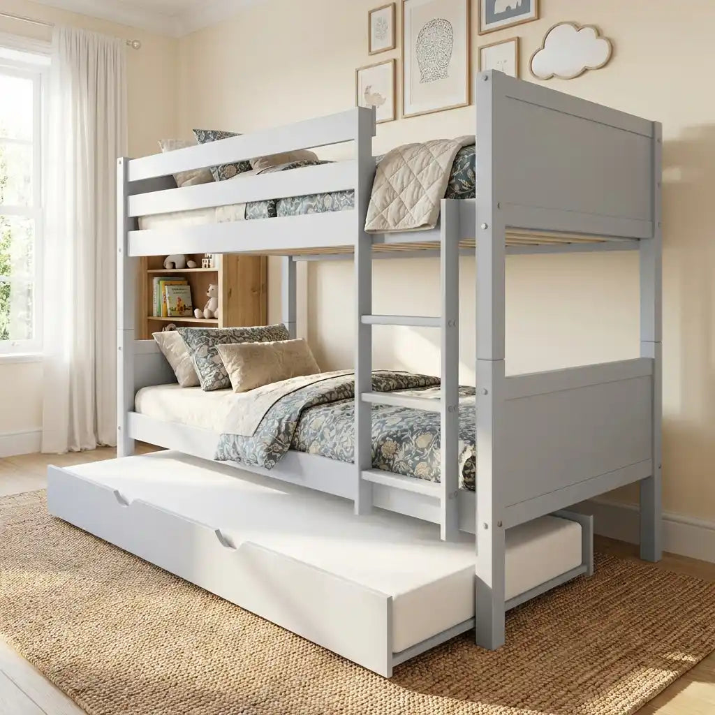 Navy Wooden Bunk Bed with Trundle & Grey Panels – Luca (Detachable Des ...