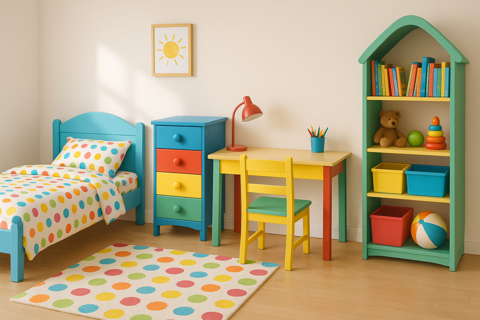 Kids furniture collection with beds, storage and table sets designed for playful, organised and comfortable children’s rooms