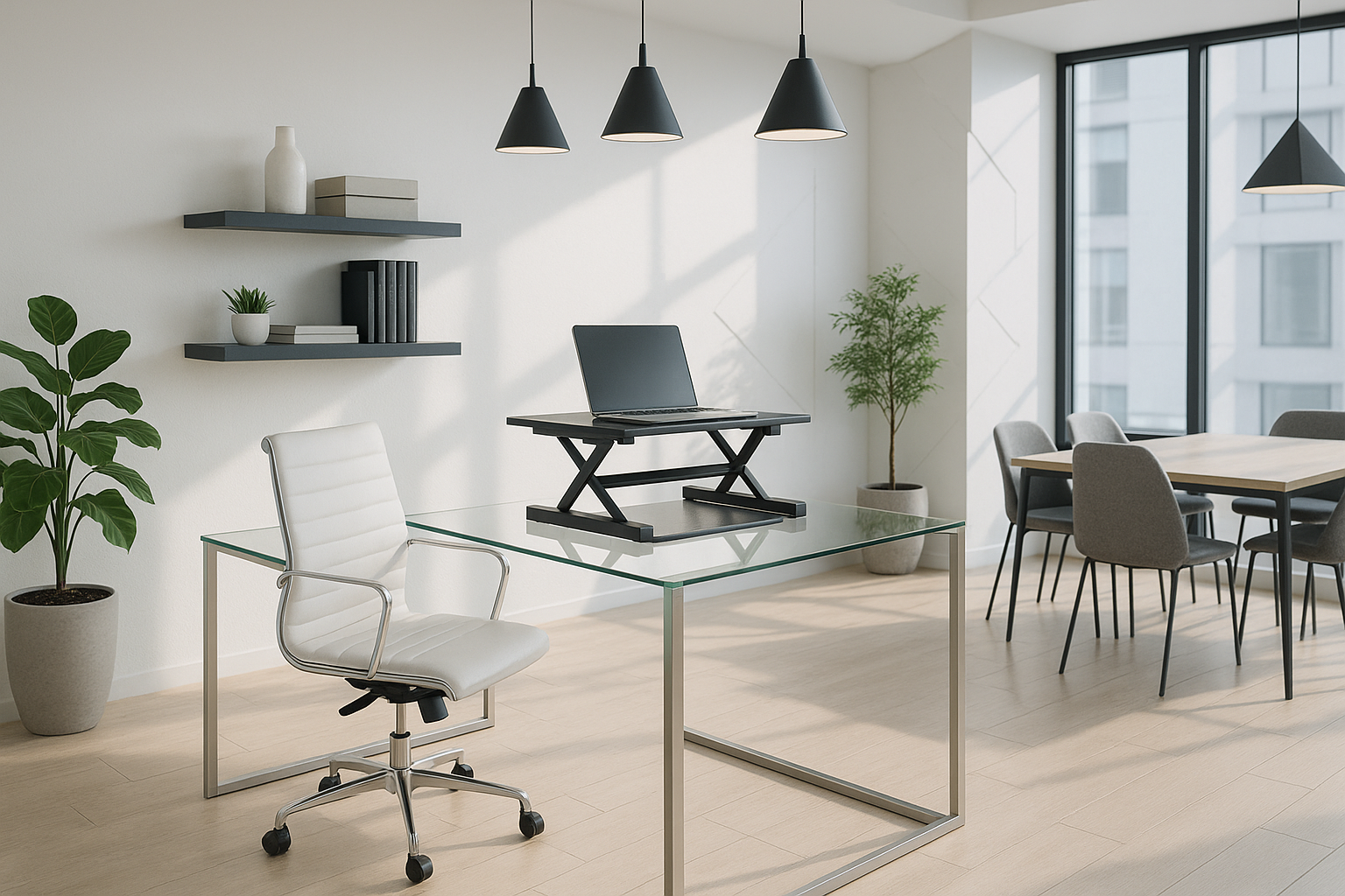 Modern office furniture including office desks, ergonomic office chairs and storage solutions for home offices and workspaces.
