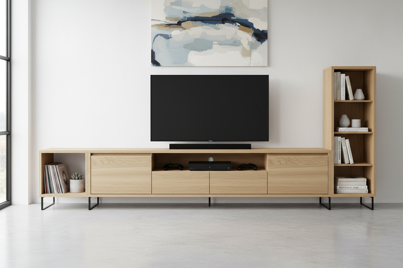 Contemporary TV unit and storages, designed to organise media devices and enhance modern living room décor