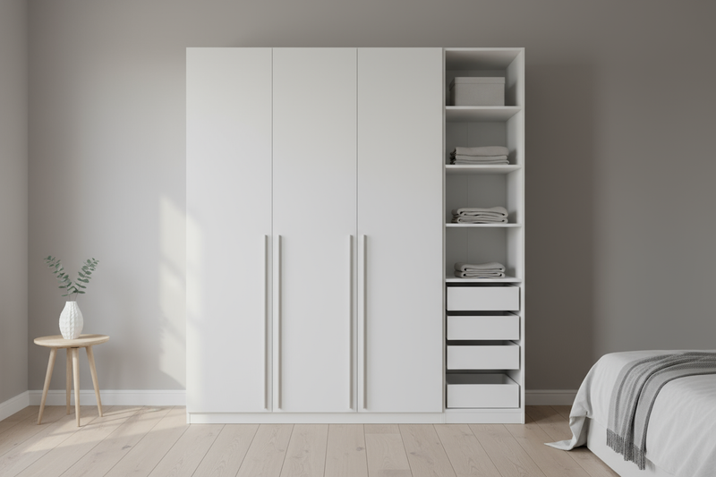 Modern wardrobe with smart storage space for organised bedrooms, featuring shelves and hanging compartments