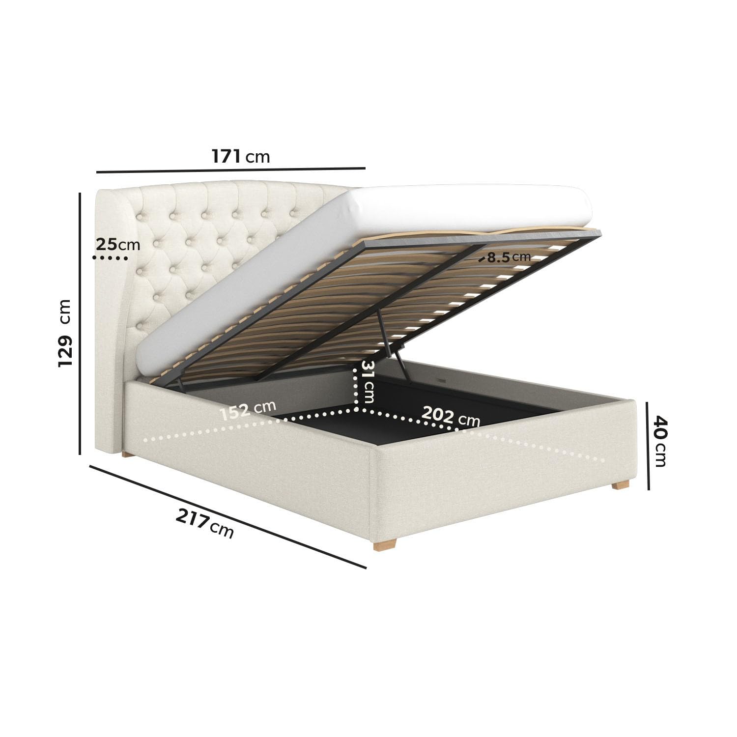 Safina Winged Ottoman Bed with Storage and Buttoned Headboard in Velvet or Fabric Mattress Option Available