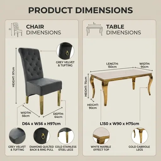 Luvon Emma Cream Marble Dining Table with Gold Frame & Grey Velvet Ring Knocker Chairs