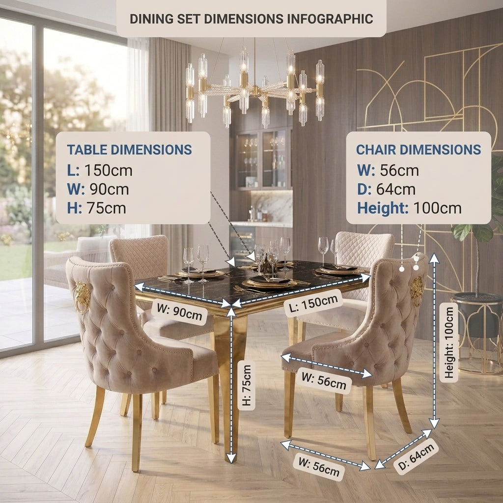 Dining set dimensions infographic showing a rectangular dining table and four upholstered chairs in a modern dining room. White text boxes list table dimensions (L: 150cm, W: 90cm, H: 75cm) and chair dimensions (W: 56cm, D: 64cm, Height: 100cm), with dashed arrows indicating measurements on the furniture.