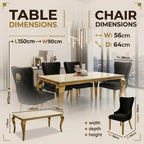 Luvon Milan Cream Marble Dining Table with Gold Frame & Lion Knocker Velvet Chairs