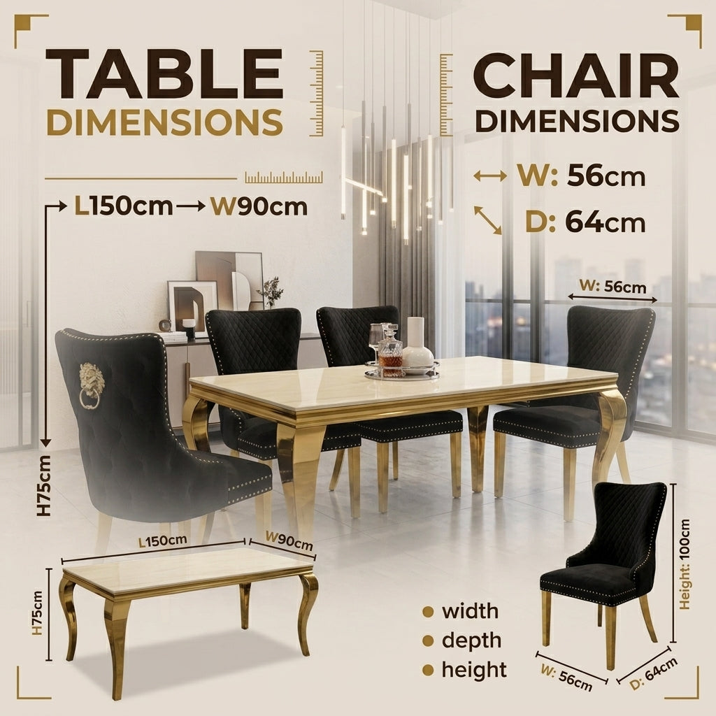 Luvon Milan Cream Marble Dining Table with Gold Frame & Lion Knocker Velvet Chairs