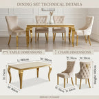 Luvon Milan Cream Marble Dining Table with Gold Frame & Lion Knocker Velvet Chairs