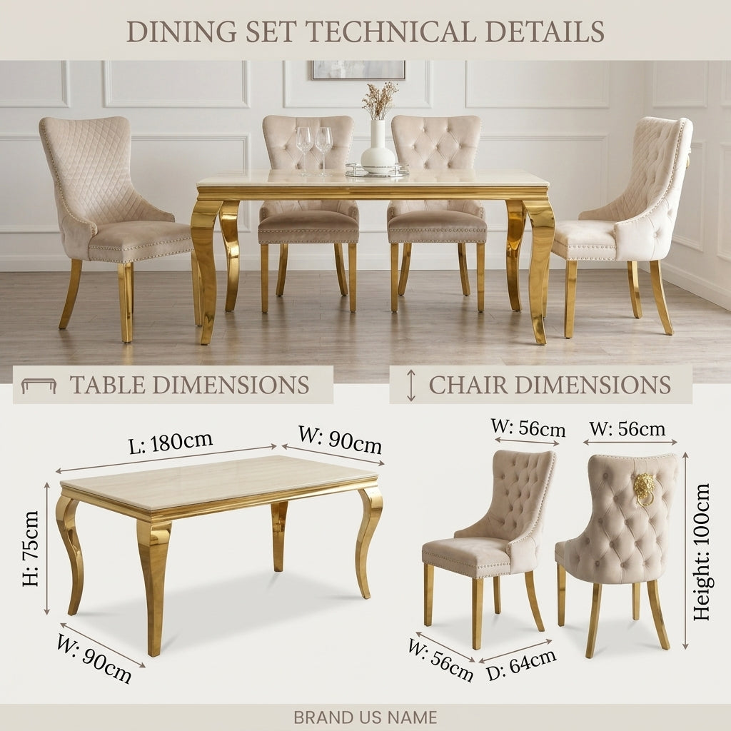 Luvon Milan Cream Marble Dining Table with Gold Frame & Lion Knocker Velvet Chairs