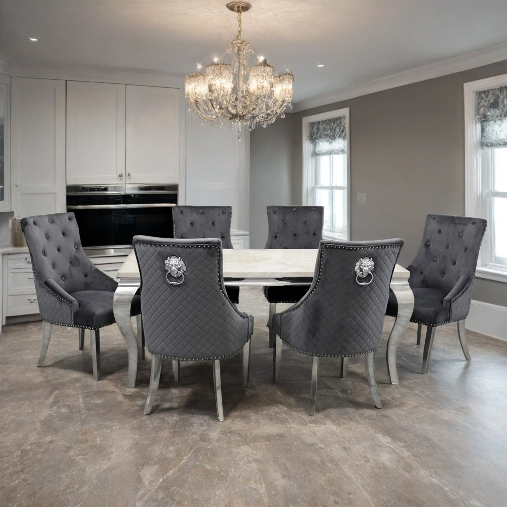 Louis Marble Dining Table – Modern Rectangular & Round Dining Room Table with Stainless Steel Base – Luxury Marble Top Dining Table for 4–6 People