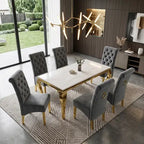Luvon Emma Cream Marble Dining Table with Gold Frame & Grey Velvet Ring Knocker Chairs
