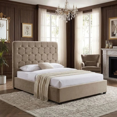 Madison 4ft6 Fawn Velvet Double Bed – Upholstered Bed Frame