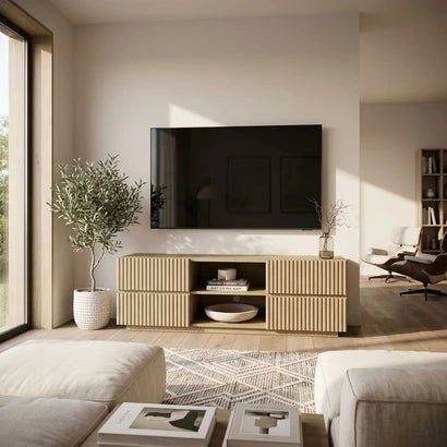 Willow Large Walnut TV Stand with Storage – Ribbed TV Unit for TVs Up to 70