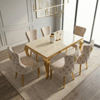 Luvon Milan Cream Marble Dining Table with Gold Frame & Lion Knocker Velvet Chairs