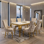Luvon Milan Cream Marble Dining Table with Gold Frame & Lion Knocker Velvet Chairs