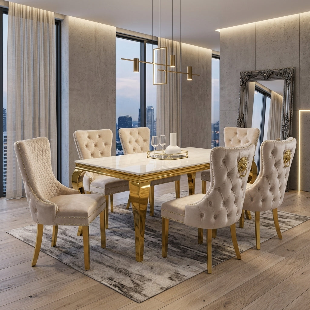 Luvon Milan Cream Marble Dining Table with Gold Frame & Lion Knocker Velvet Chairs