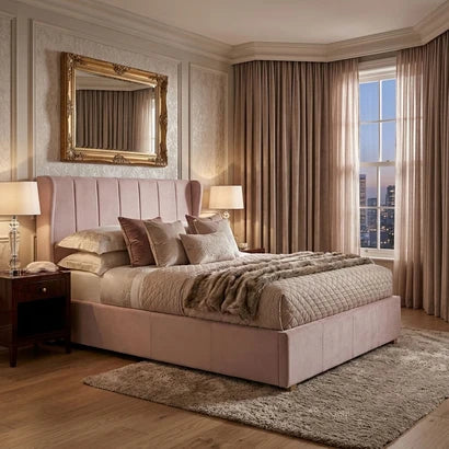 Ava 4ft6 Double Pink Velvet Bed Frame – Upholstered Bed with Storage