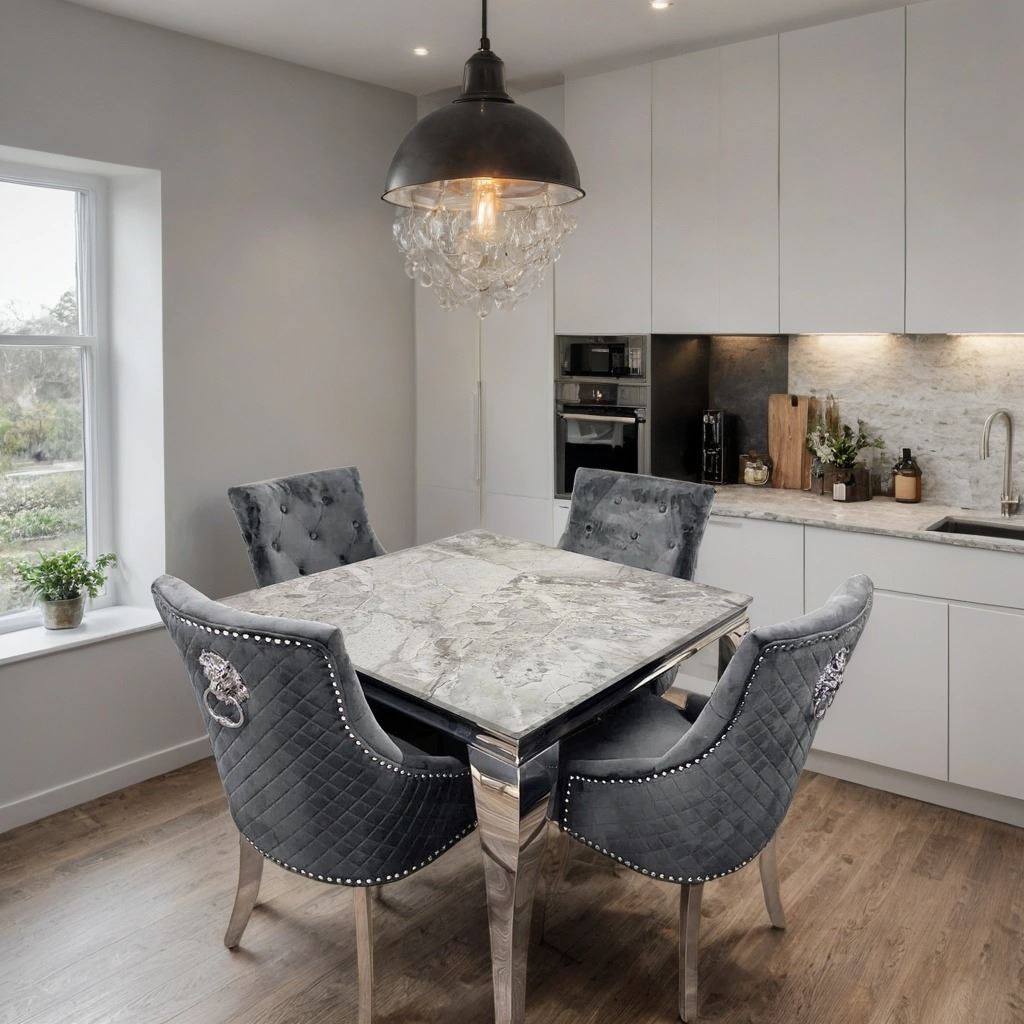 Louis Marble Dining Table – Modern Rectangular & Round Dining Room Table with Stainless Steel Base – Luxury Marble Top Dining Table for 4–6 People