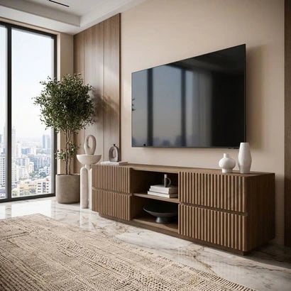 Willow Large Walnut TV Stand with Storage – Ribbed TV Unit for TVs Up to 70