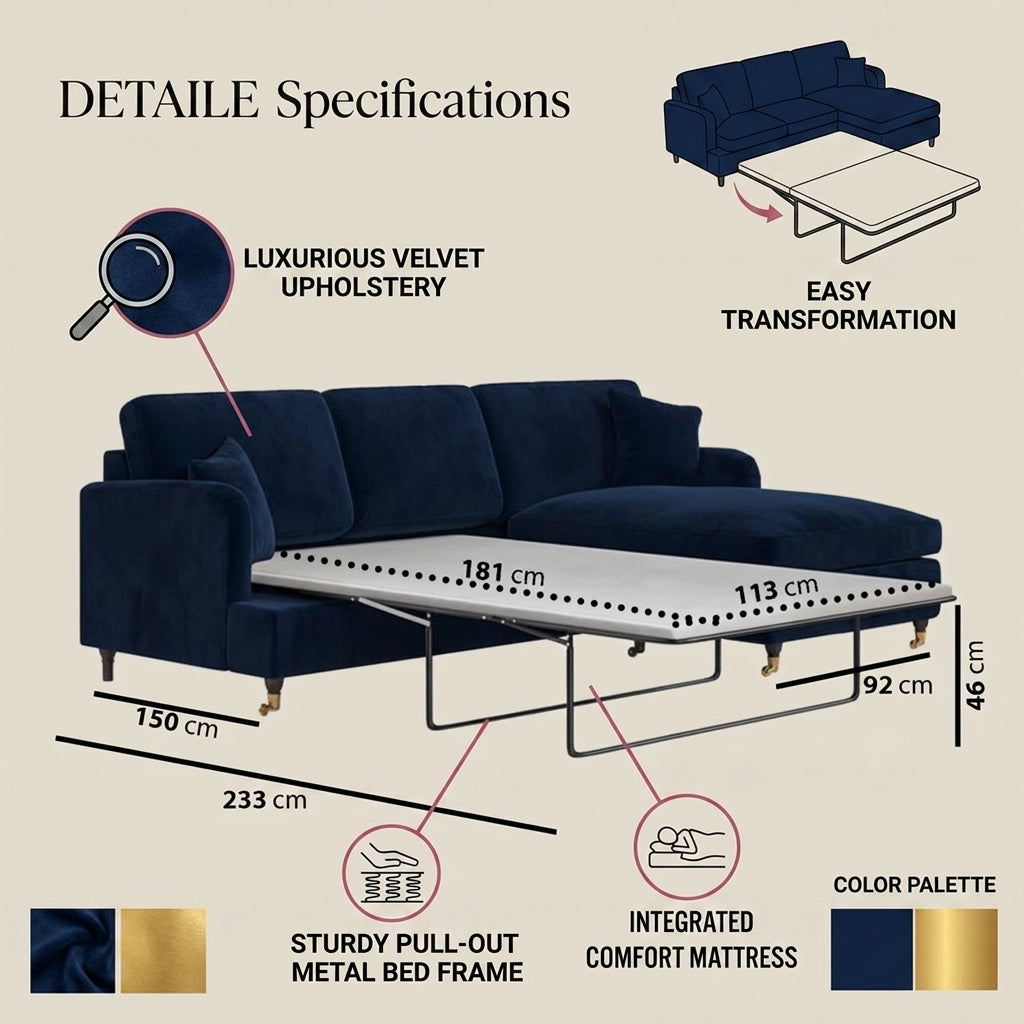 4 Seater Navy Blue Velvet Corner Sofa Bed