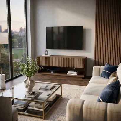 Willow Small TV Stand with Storage – Ribbed Wooden TV Unit for TVs Up to 55"
