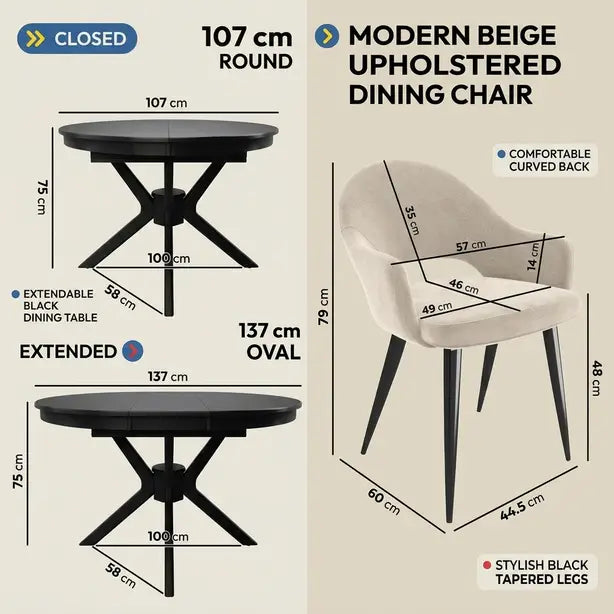 Black Extendable Dining Set with 4–6 Beige Chairs