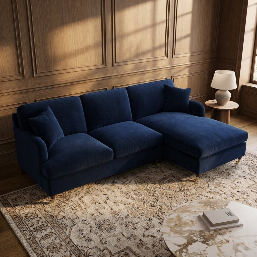 4 Seater Navy Blue Velvet Corner Sofa Bed