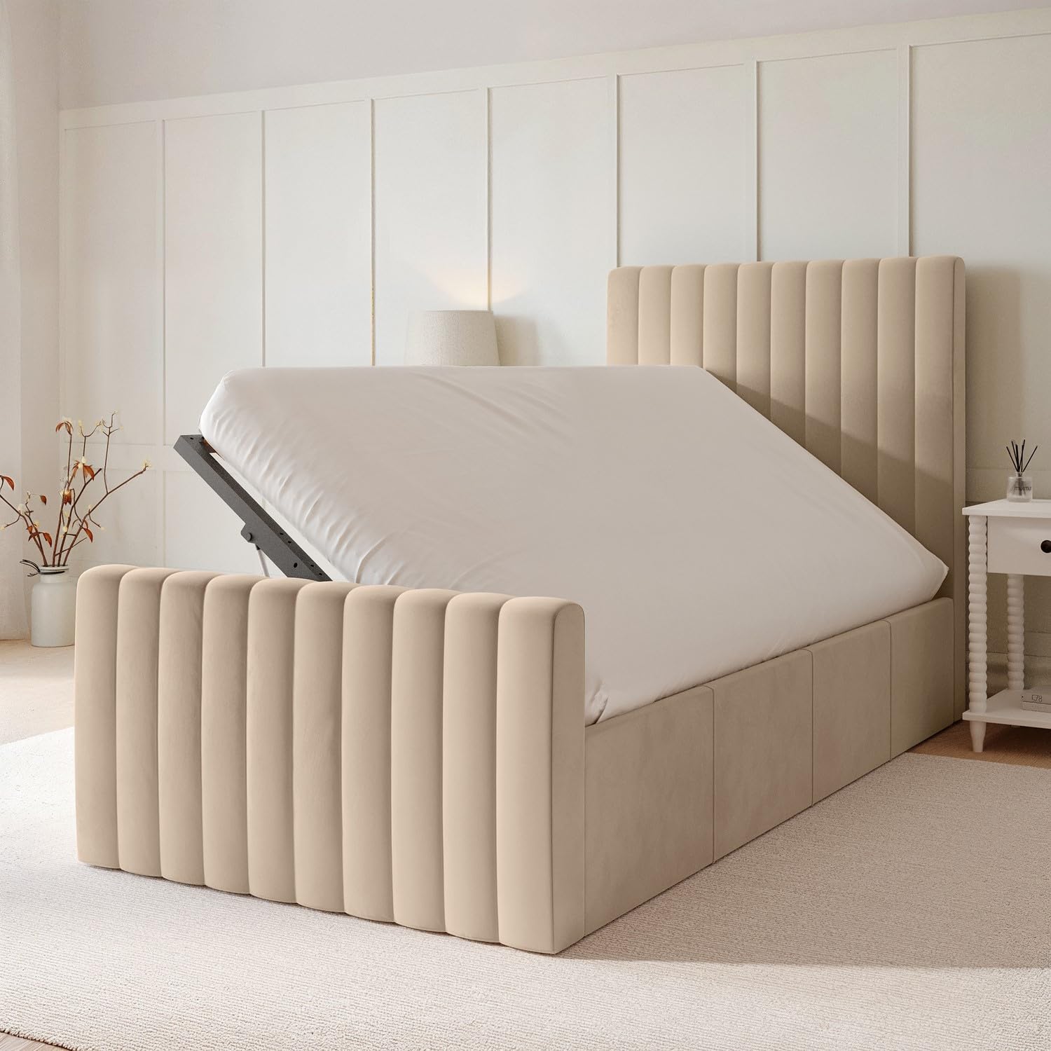 Velvet Ottoman Bed with Storage in Pink Grey or Beige Side Lift Gas Frame with Headboard Mattress Option Available for Double or Single Bedrooms