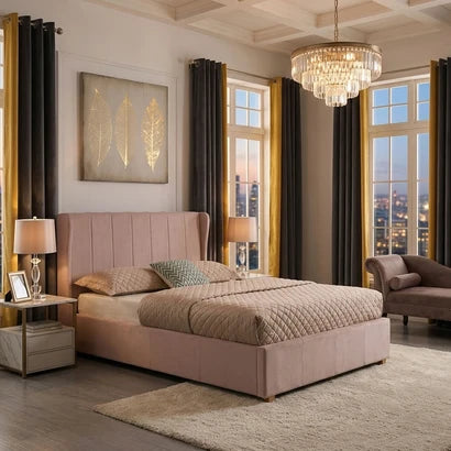 Ava 4ft6 Double Pink Velvet Bed Frame – Upholstered Bed with Storage