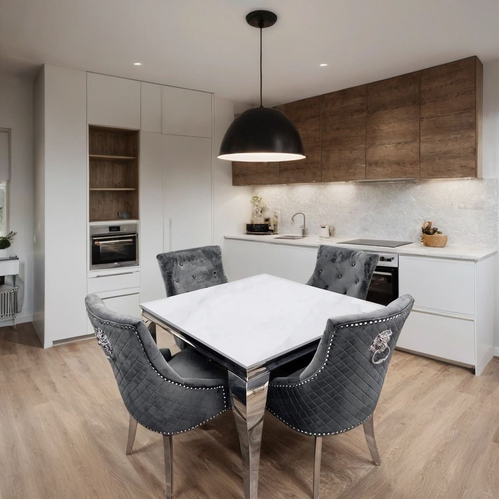 Louis Marble Dining Table – Modern Rectangular & Round Dining Room Table with Stainless Steel Base – Luxury Marble Top Dining Table for 4–6 People