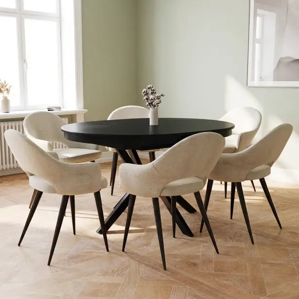 Black Extendable Dining Set with 4–6 Beige Chairs