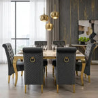 Luvon Emma Cream Marble Dining Table with Gold Frame & Grey Velvet Ring Knocker Chairs