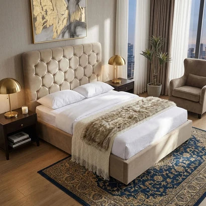 Madison 4ft6 Fawn Velvet Double Bed – Upholstered Bed Frame
