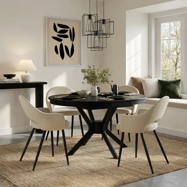 Black Extendable Dining Set with 4–6 Beige Chairs