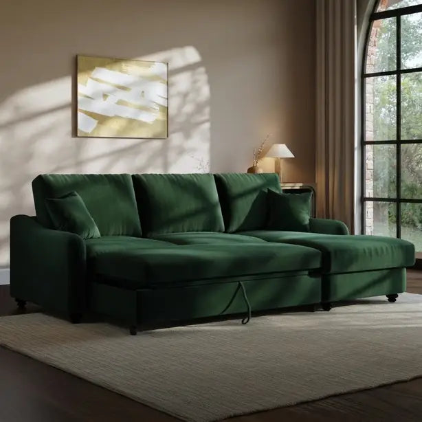 4 Seater Green Velvet Corner Sofa Bed with Storage