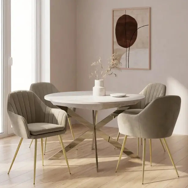White Marble Extendable Dining Table & 4–6 Mink Velvet Chairs