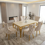 Luvon Milan Cream Marble Dining Table with Gold Frame & Lion Knocker Velvet Chairs