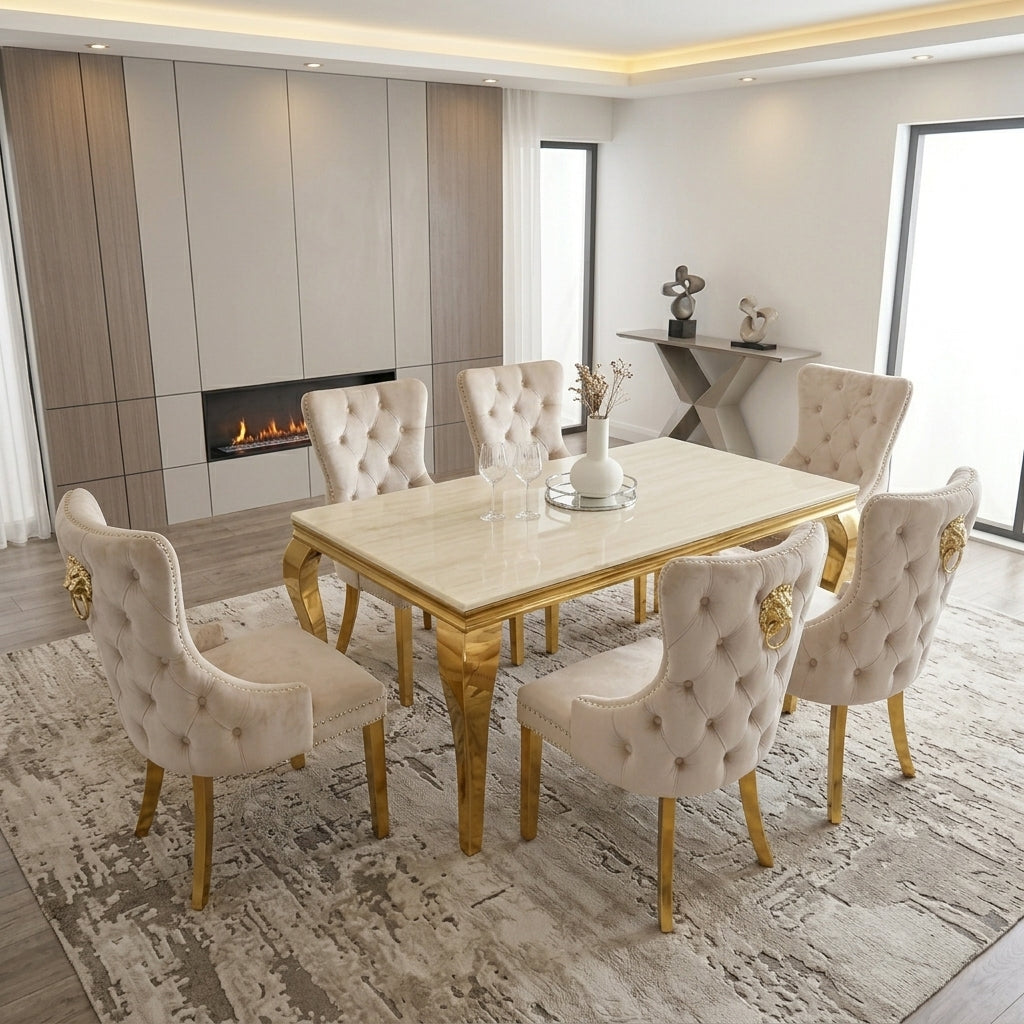 Luvon Milan Cream Marble Dining Table with Gold Frame & Lion Knocker Velvet Chairs