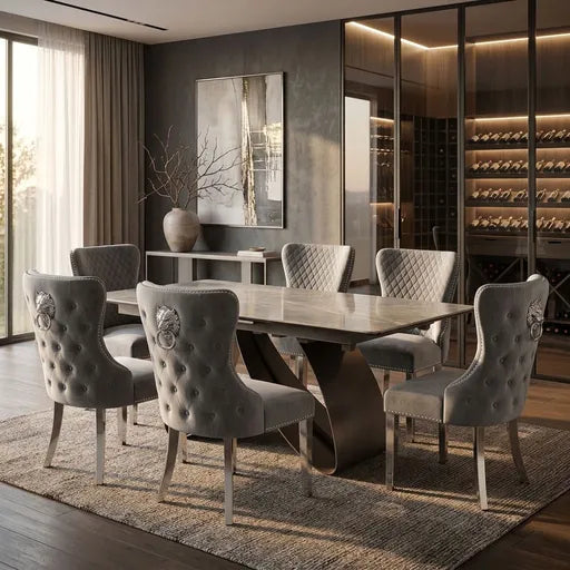 Luvon Cheshire Extending Ceramic Dining Table Set with 6 Grey Velvet Lion Head Knocker Chairs and Silver Chrome Legs