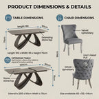 Luvon Cheshire Extending Ceramic Dining Table Set with 6 Grey Velvet Lion Head Knocker Chairs and Silver Chrome Legs
