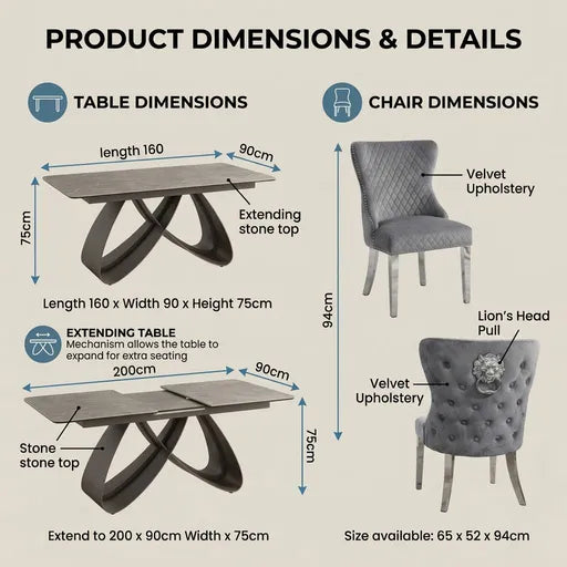 Luvon Cheshire Extending Ceramic Dining Table Set with 6 Grey Velvet Lion Head Knocker Chairs and Silver Chrome Legs