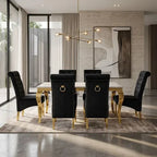 Luvon Emma Cream Marble Dining Table with Golden Frame & Black Velvet Ring Knocker Chairs