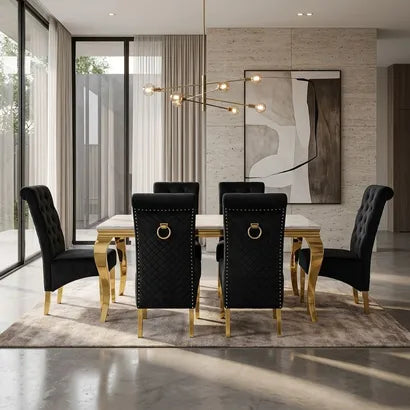 Luvon Emma Cream Marble Dining Table with Golden Frame & Black Velvet Ring Knocker Chairs