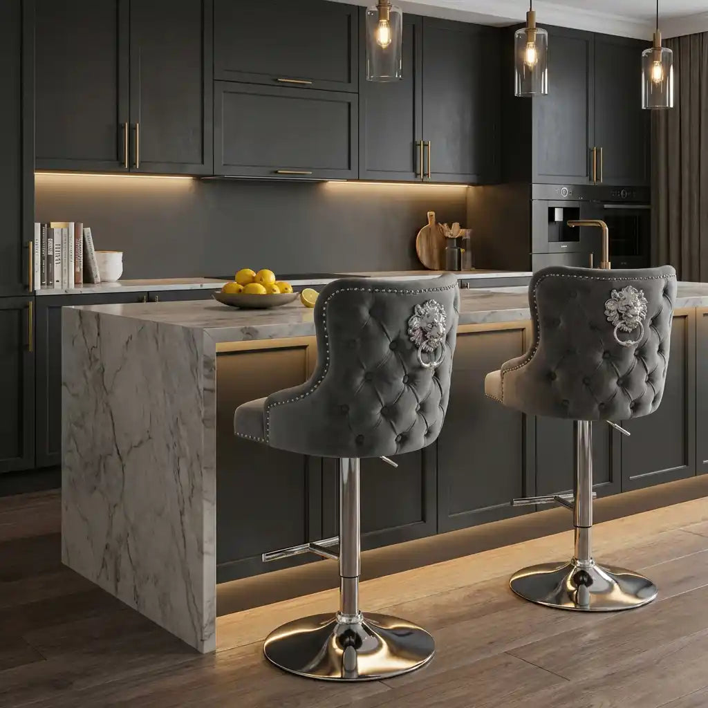 Modern kitchen with gray bar stools and marble island