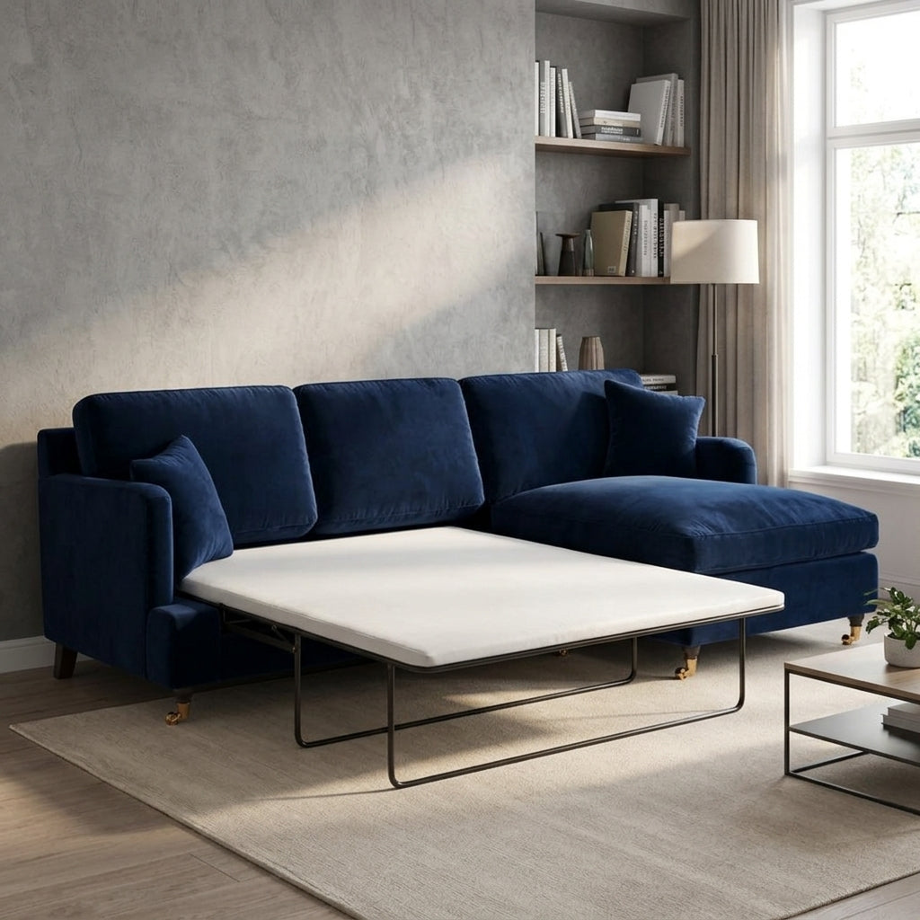 4 Seater Navy Blue Velvet Corner Sofa Bed