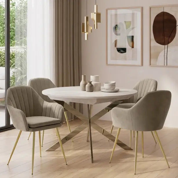 White Marble Extendable Dining Table & 4–6 Mink Velvet Chairs