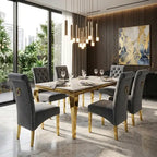 Luvon Emma Cream Marble Dining Table with Gold Frame & Grey Velvet Ring Knocker Chairs