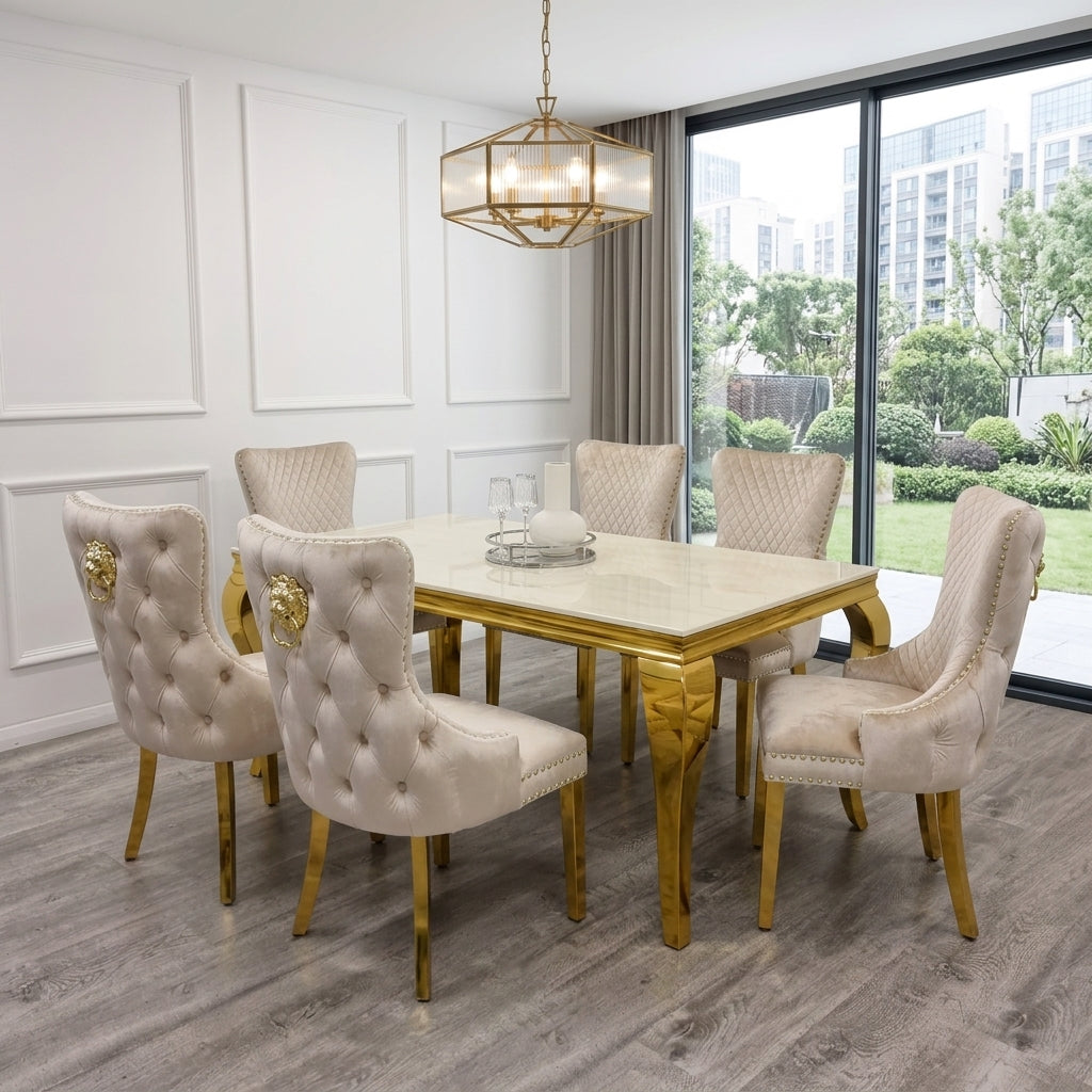 Luvon Milan Cream Marble Dining Table with Gold Frame & Lion Knocker Velvet Chairs