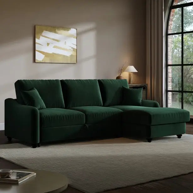 4 Seater Green Velvet Corner Sofa Bed with Storage