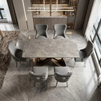 Luvon Cheshire Extending Ceramic Dining Table Set with 6 Grey Velvet Lion Head Knocker Chairs and Silver Chrome Legs