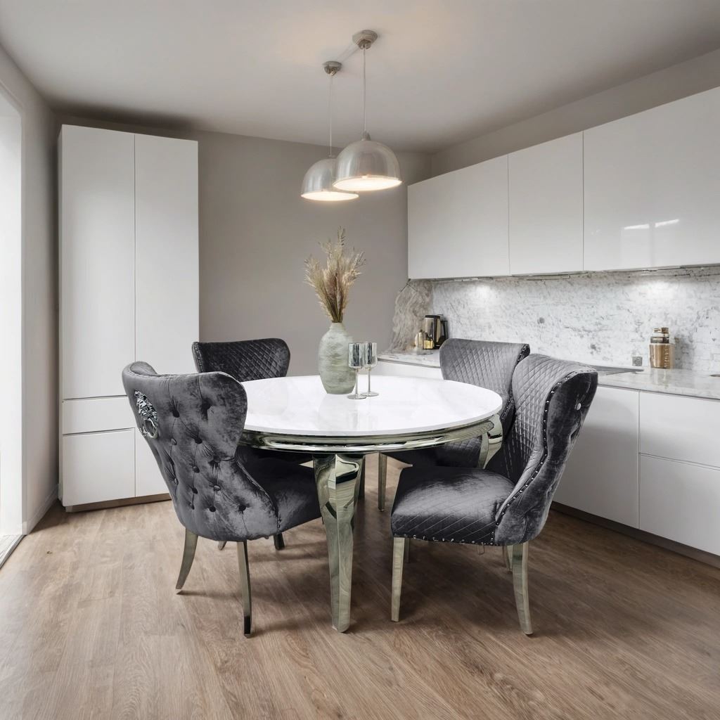 Louis Marble Dining Table – Modern Rectangular & Round Dining Room Table with Stainless Steel Base – Luxury Marble Top Dining Table for 4–6 People